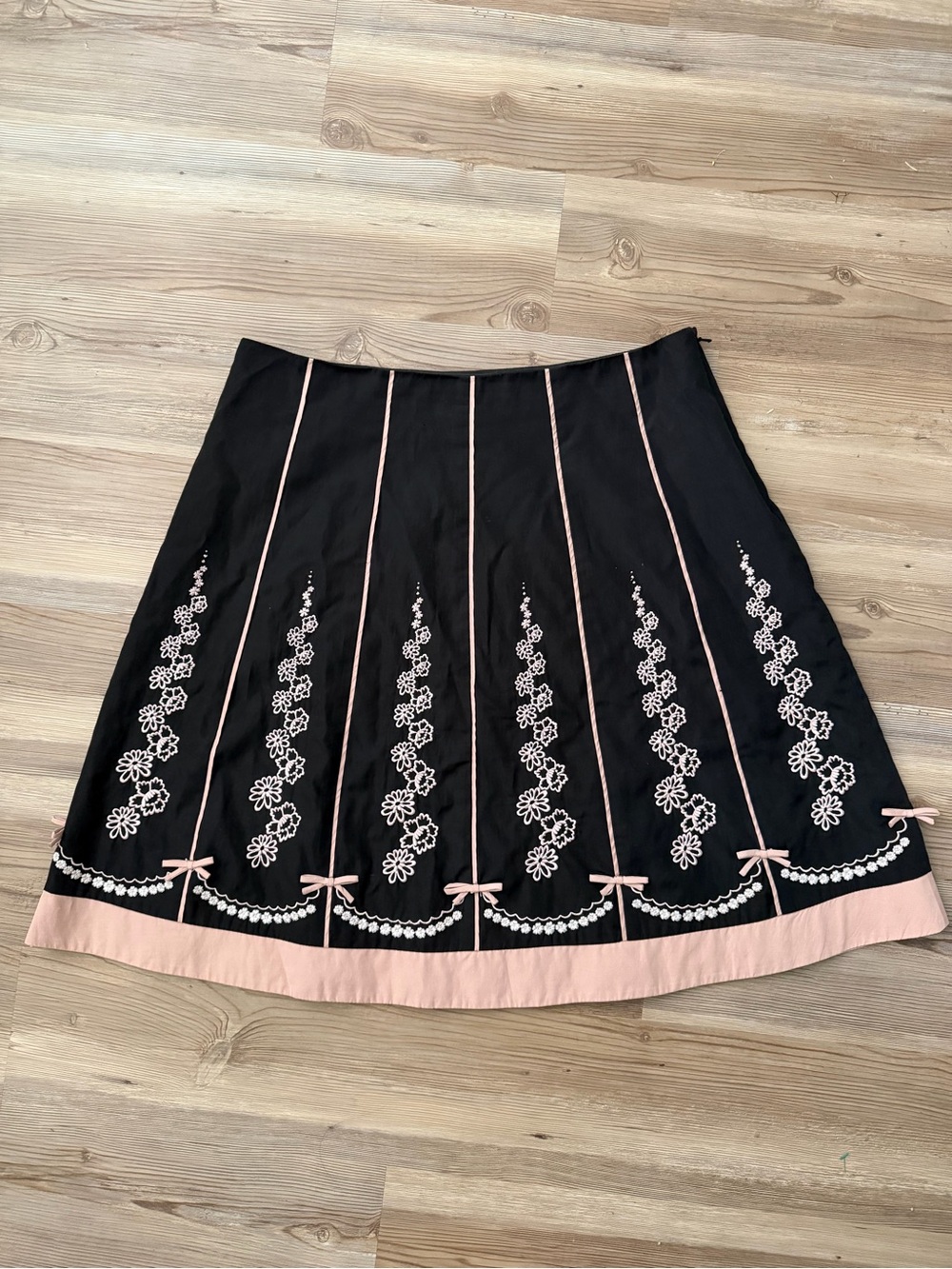 Odille Black A-Line Skirt with Pink Trim and White Floral Embroidery
